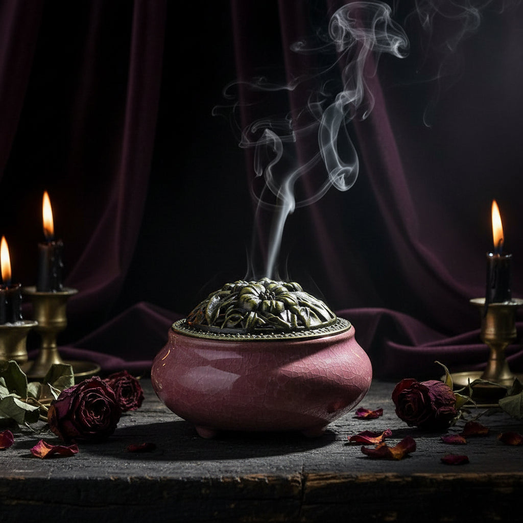 Pink ceramic incense burner with decorative lid on a wooden surface