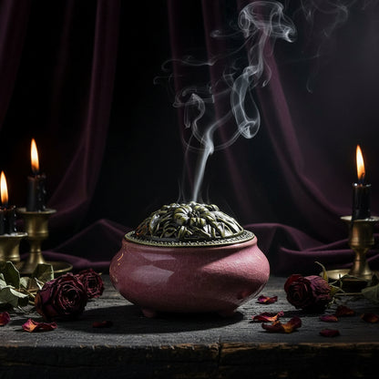 Pink ceramic incense burner with decorative lid on a wooden surface