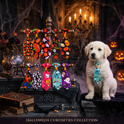 A collage of Halloween-themed neckties with various spooky patterns like pumpkins, skulls, ghosts, and spiders, alongside a fluffy white puppy modeling one of the light blue patterned ties.