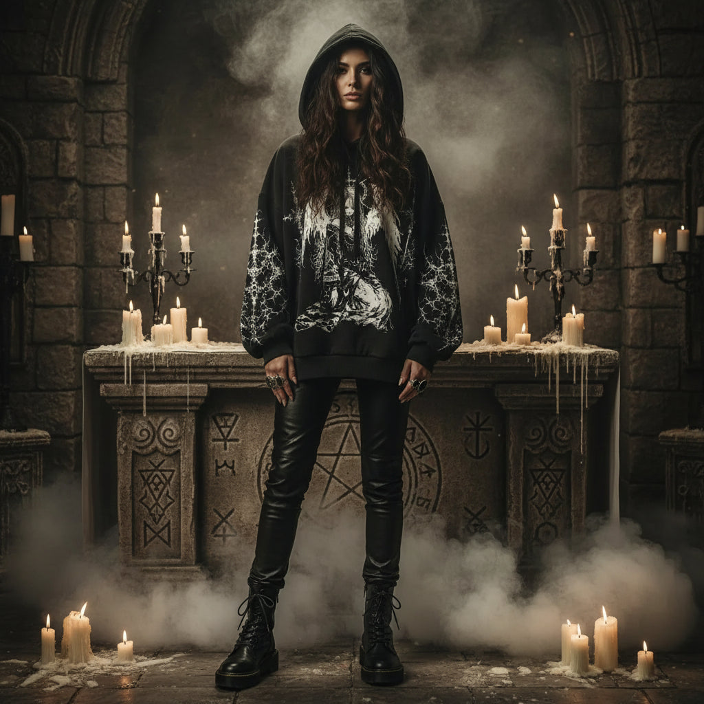 Black hoodie with angel graphic on a gray background