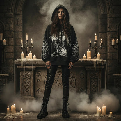 Black hoodie with angel graphic on a gray background