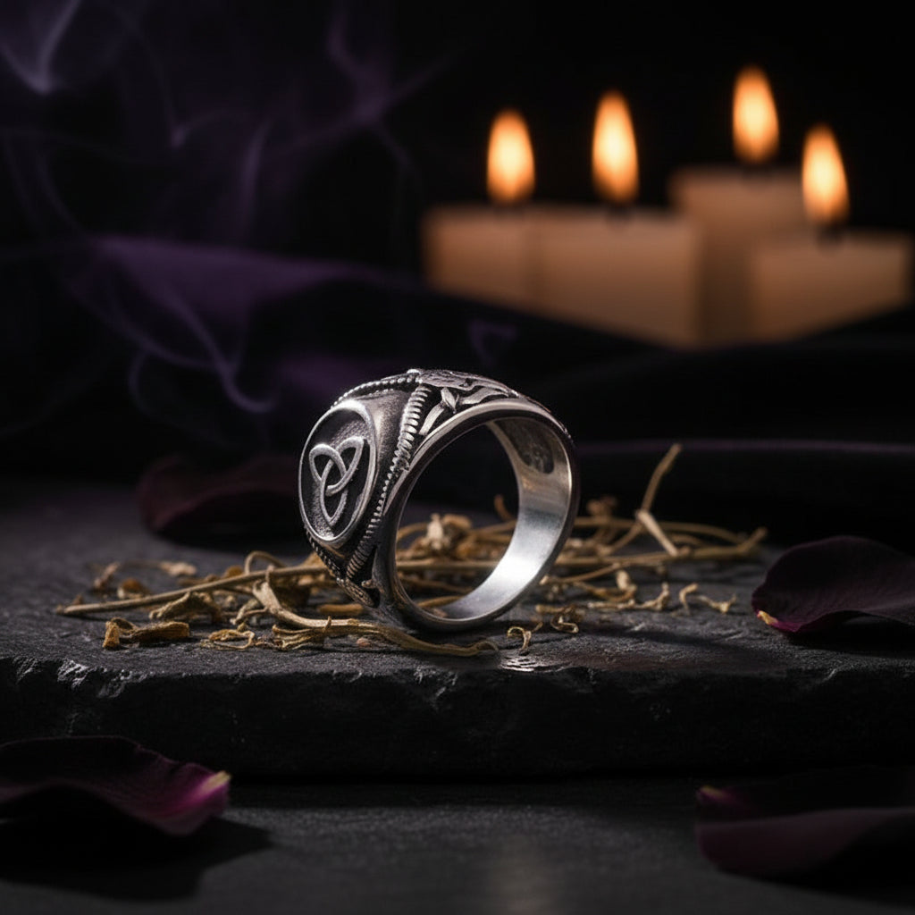 Silver ring with intricate design on a black background