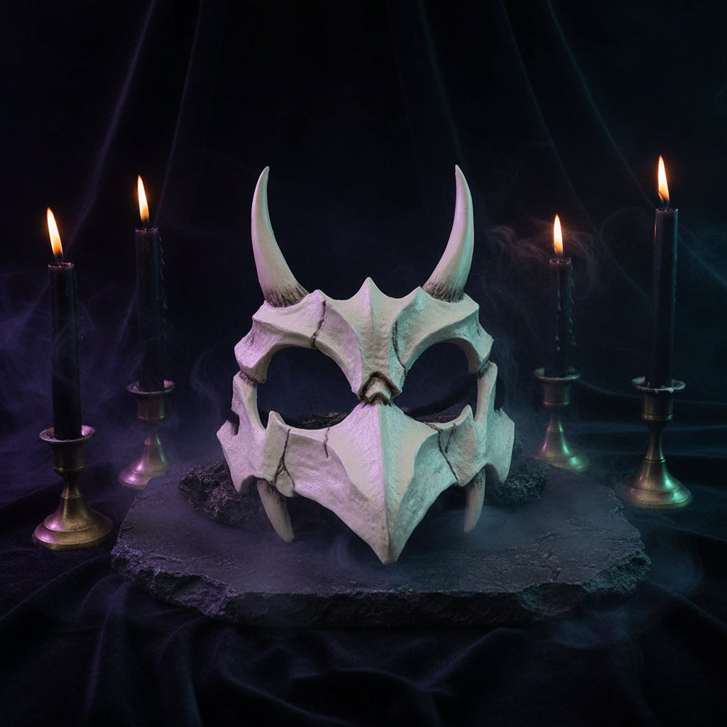 A white dragon skull mask with curved horns and textured bone-like details, photographed against a dark black background.