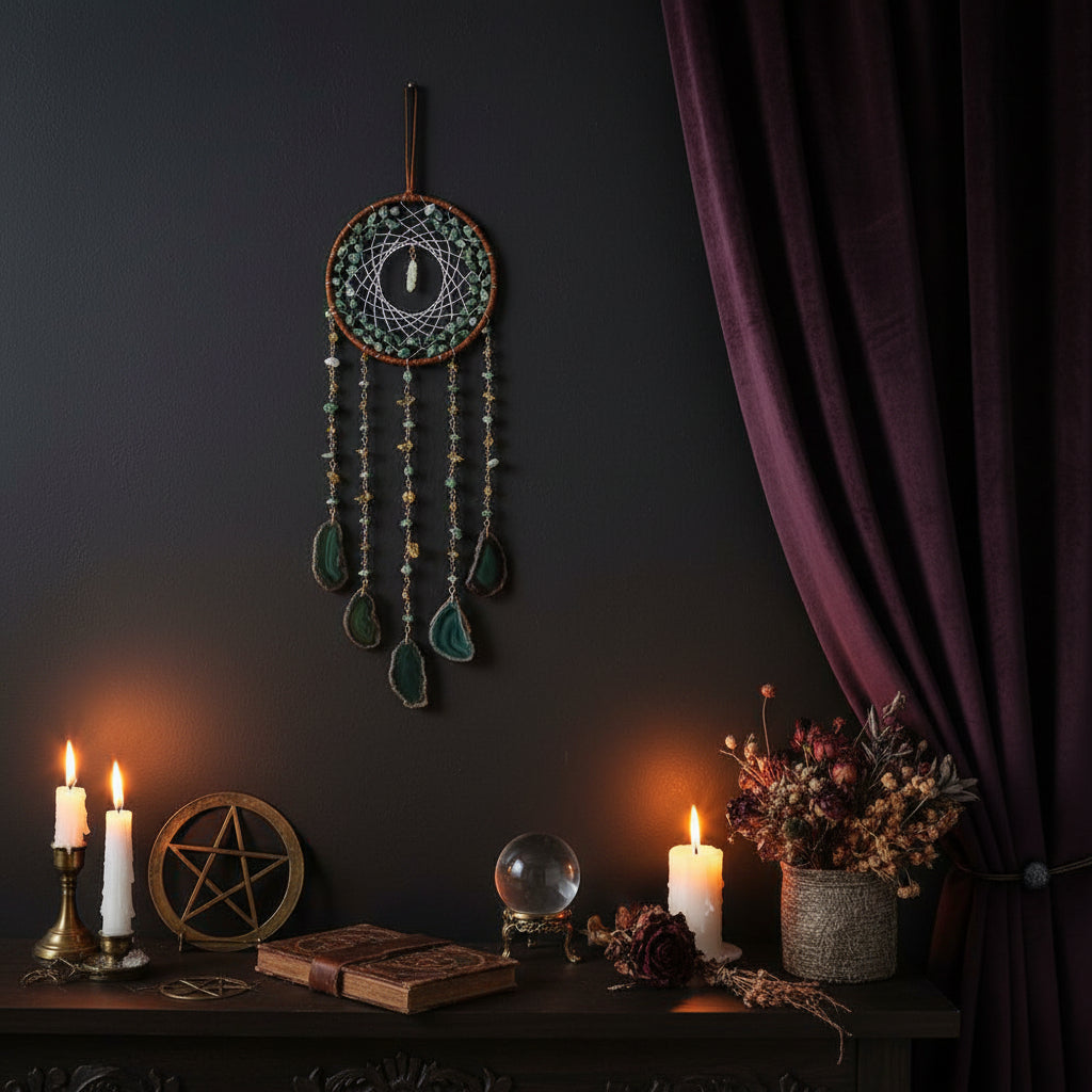 Decorative dreamcatcher with green stones on a white wall with books and a plant.