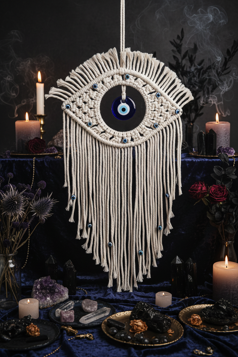 Macrame wall hanging with eye design and blue bead on a beige wall with a plant.