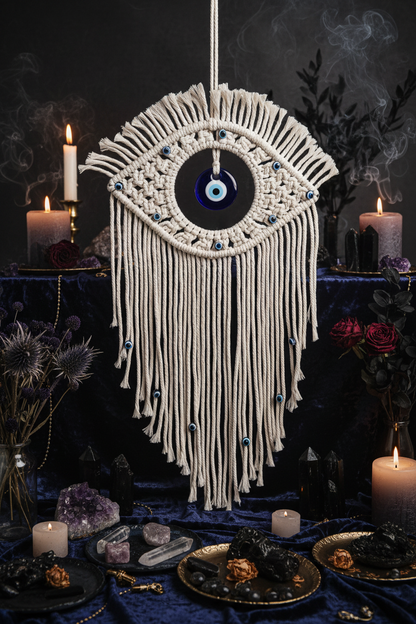 Macrame wall hanging with eye design and blue bead on a beige wall with a plant.