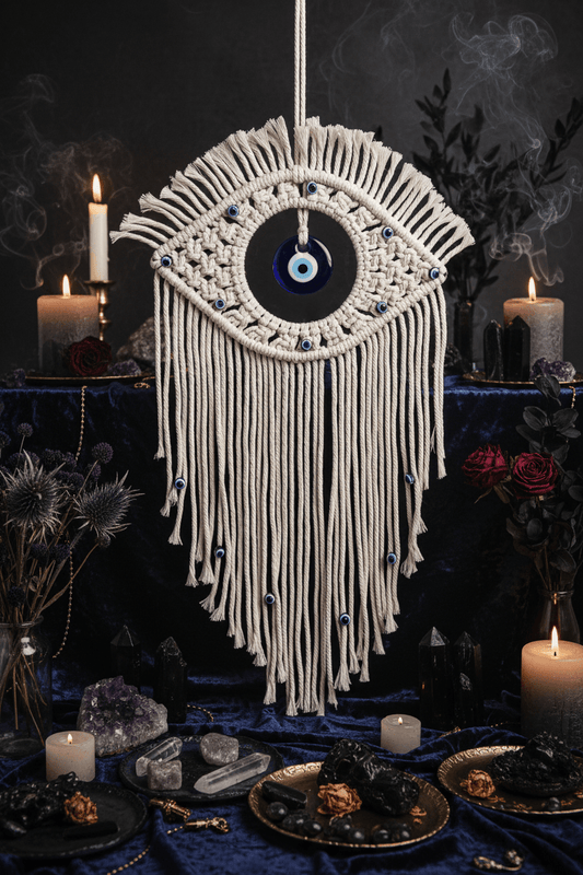 Macrame wall hanging with eye design and blue bead on a beige wall with a plant.