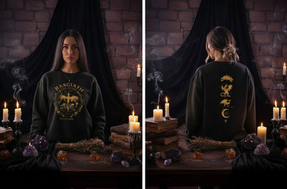 Black sweatshirt with gold dragon design and text on front and back