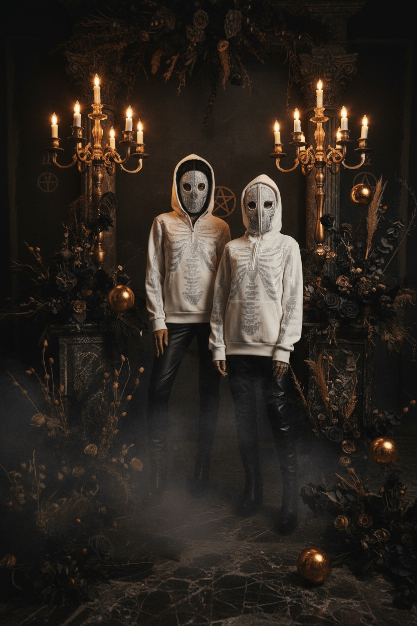 Two people wearing white hoodies with skull designs sitting in a parking garage.