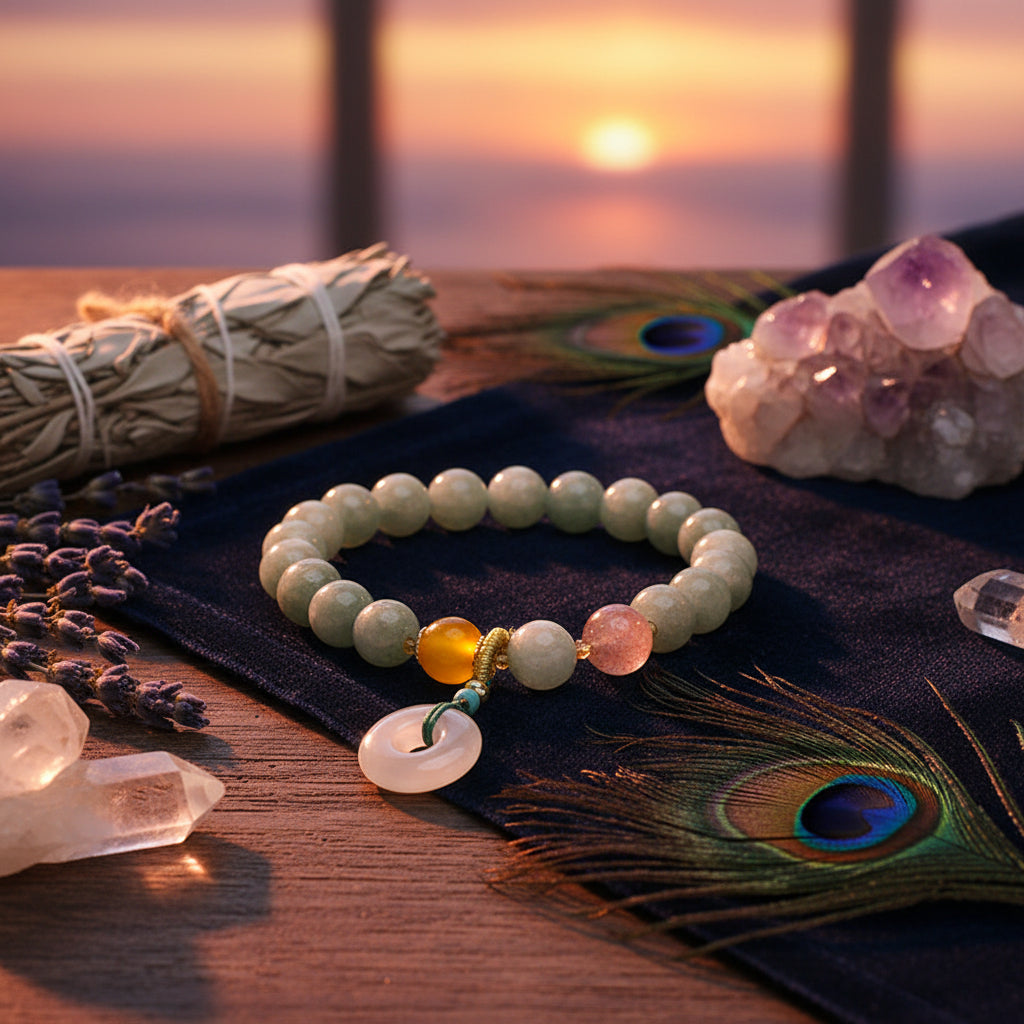 Beaded bracelet with a circular pendant on a wooden surface