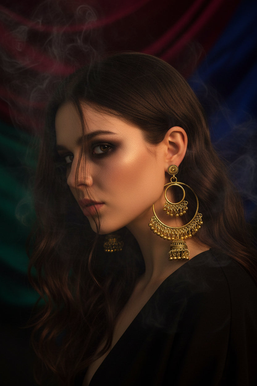 A pair of gold-toned dangle earrings with circular hoops, beaded fringe, and bell-shaped hanging charms, displayed on a light speckled surface.