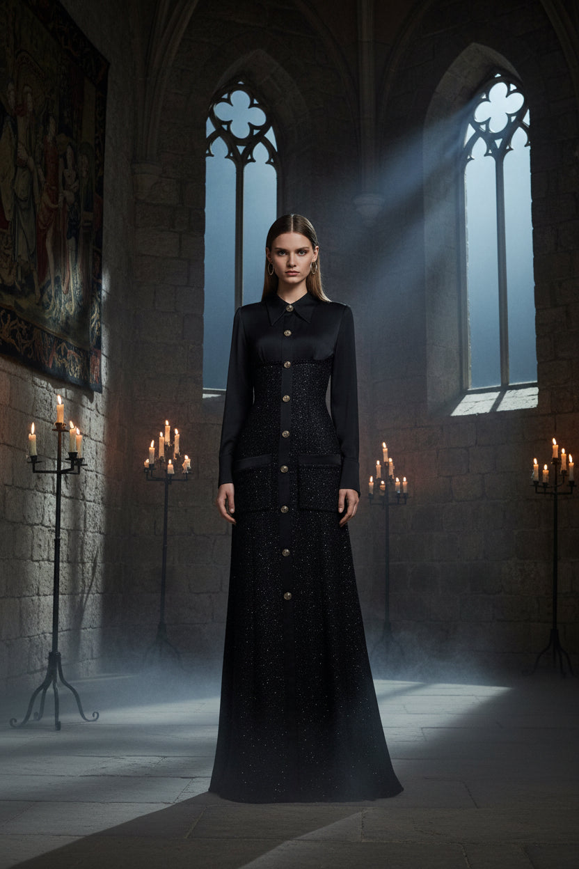A woman wearing a black long-sleeve collared dress with a structured waist and textured black-and-silver woven panel, shown against a plain light gray studio background.