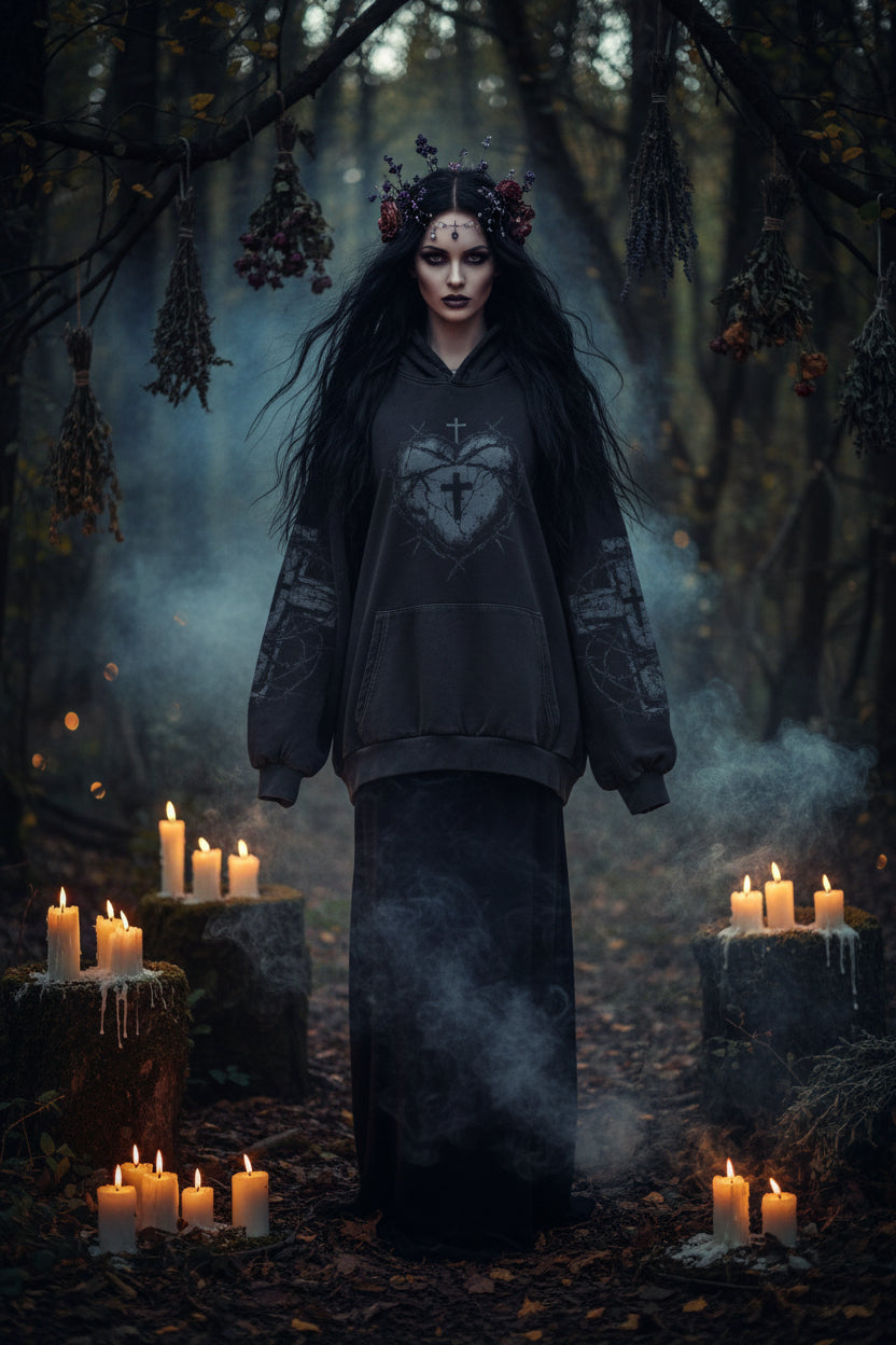 Black hoodie with a heart and cross design on a gray background