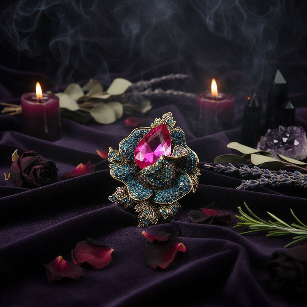 Ornate brooch with pink gemstone on a textured surface