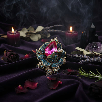 Ornate brooch with pink gemstone on a textured surface