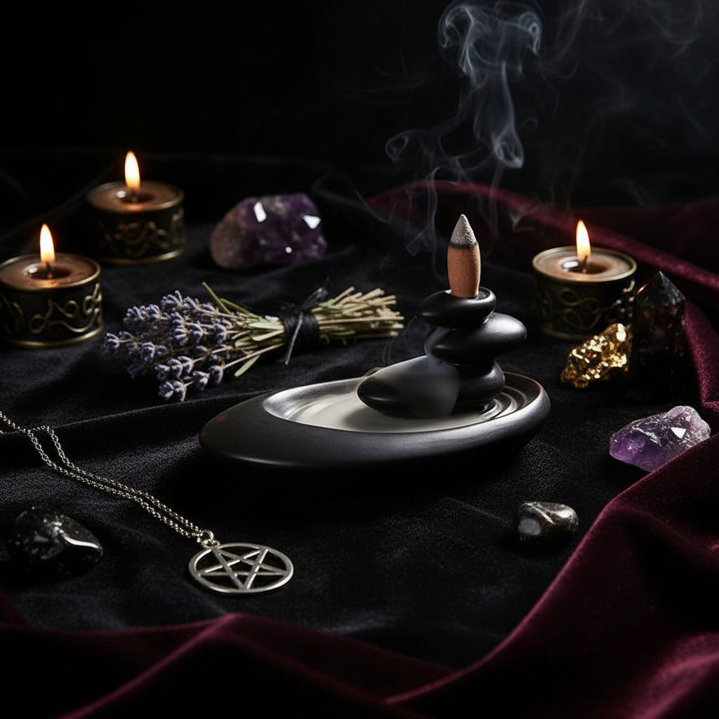 A black ceramic incense burner with a stack of smooth stones and a single burning incense stick, placed on a rustic wooden surface.