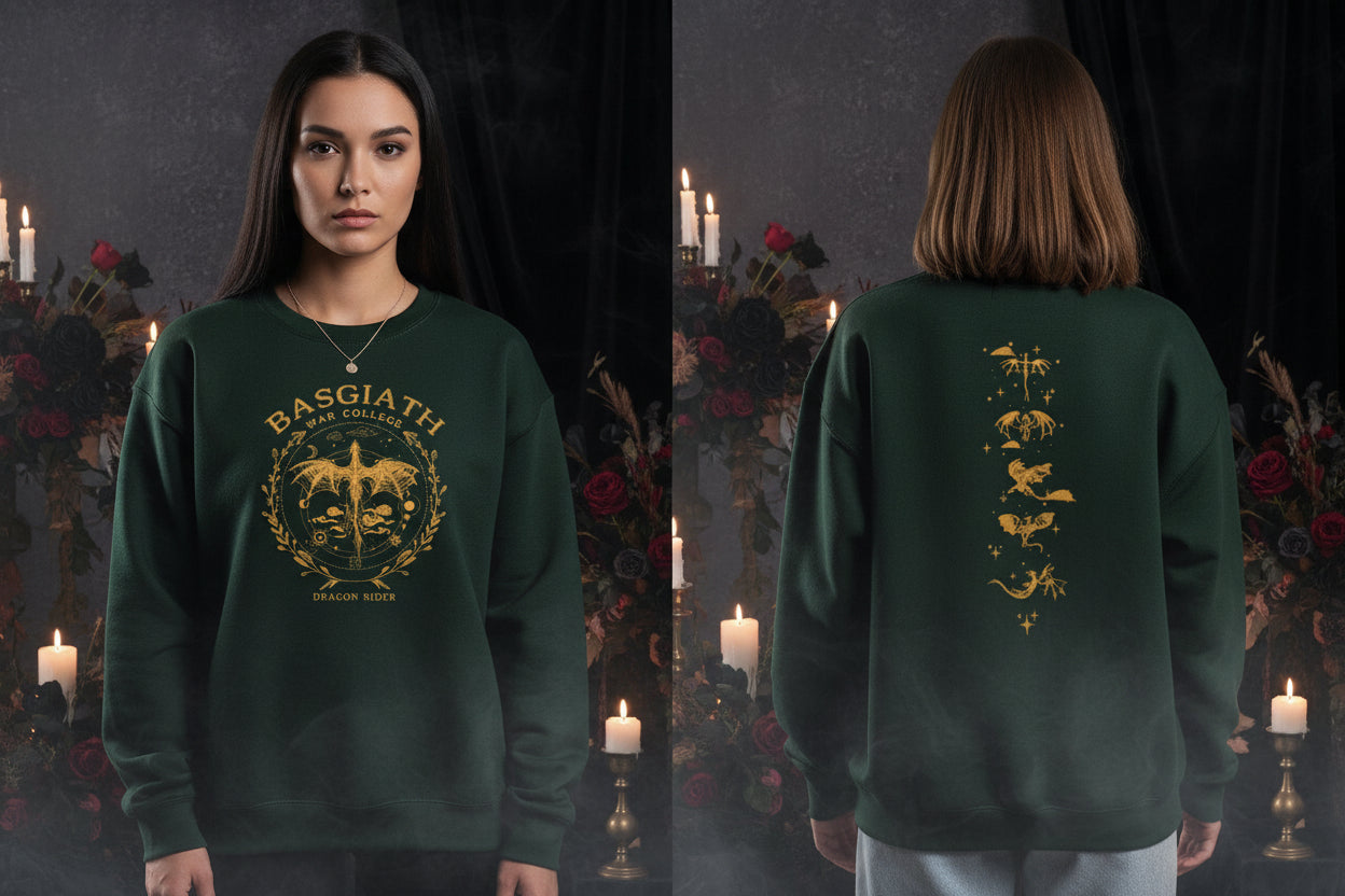 Green sweatshirt with gold graphics and text worn by a person, showing front and back views.