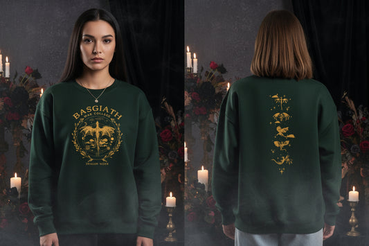 Green sweatshirt with gold graphics and text worn by a person, showing front and back views.