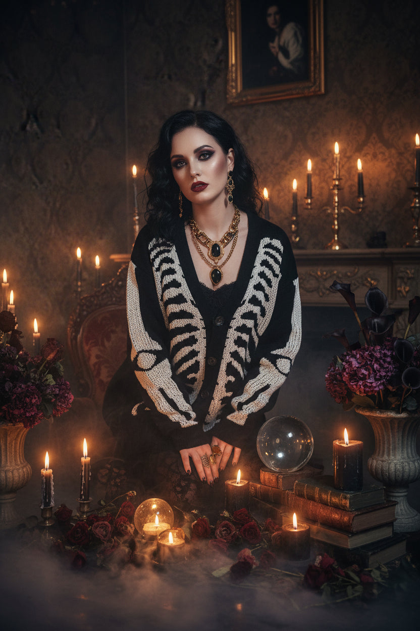 Black cardigan with white skeleton design on a white background