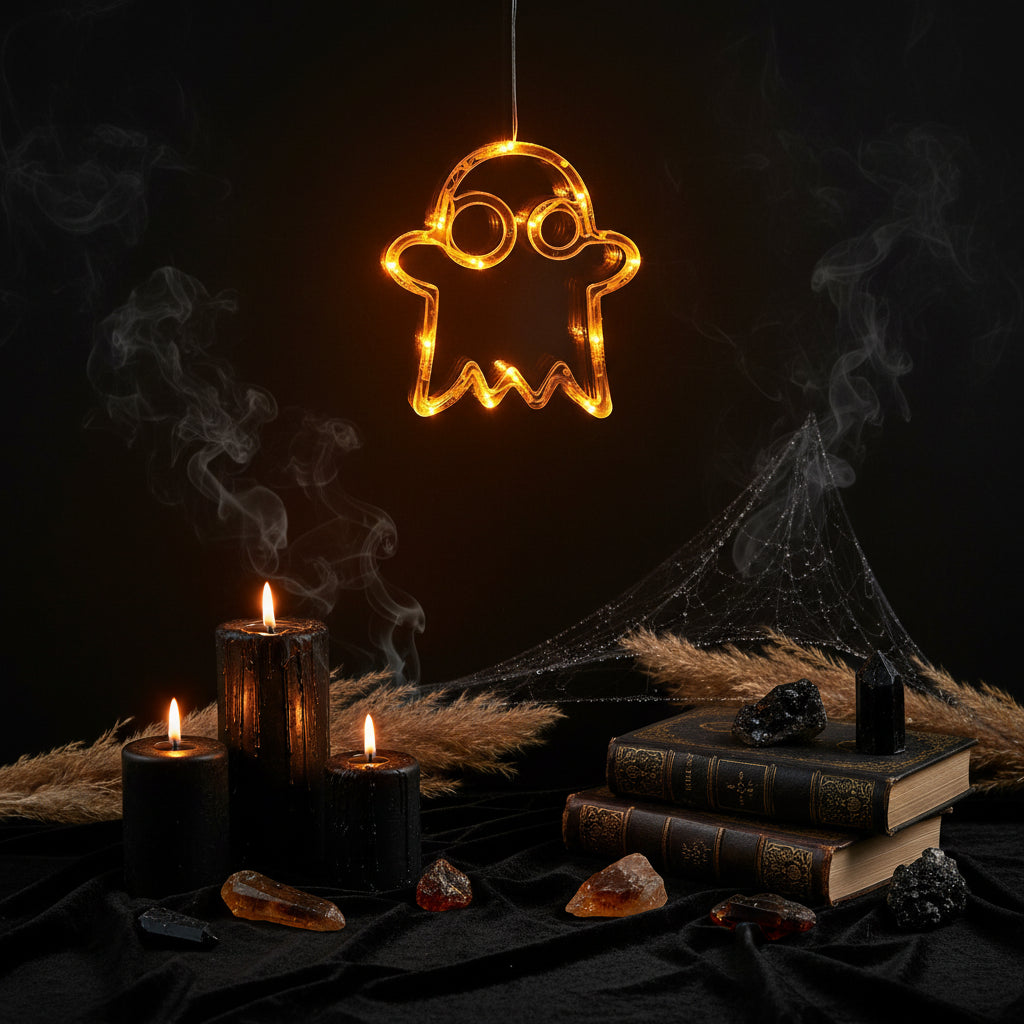 A glowing orange ghost-shaped LED light hanging on a window, with a dark blurred indoor background and a small label in the top left that reads 'D-Ghost'.