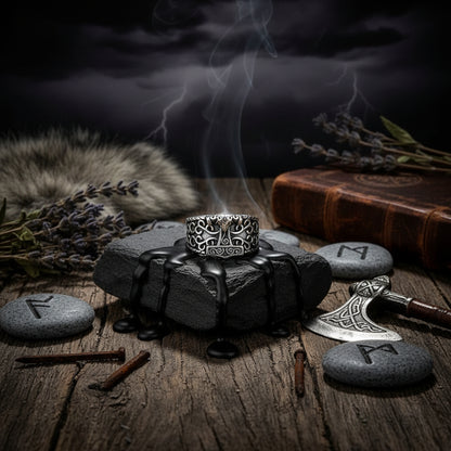 Silver ring with intricate designs on a black background
