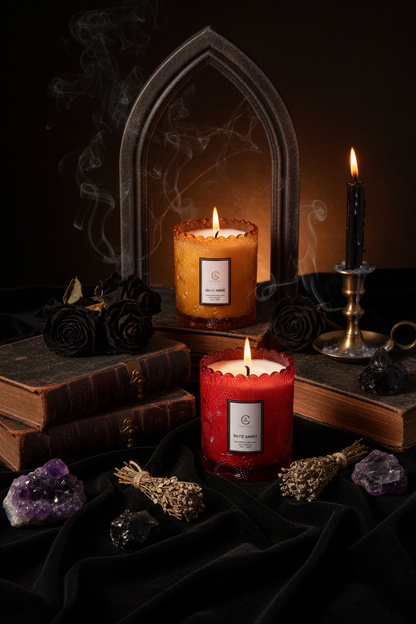 Two scented candles with decorative wicks and packaging on a light background
