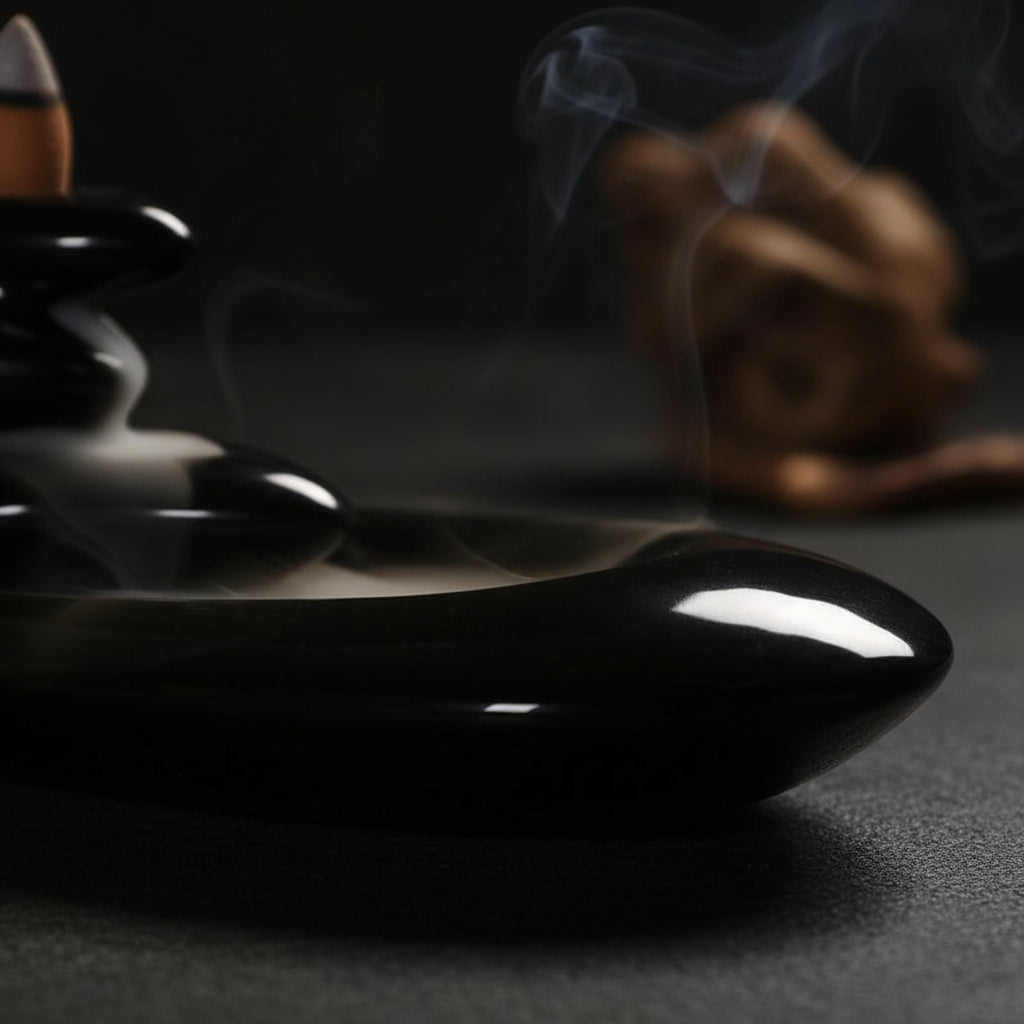 A close-up of a glossy black ceramic tea infuser resting on a rustic wooden surface.