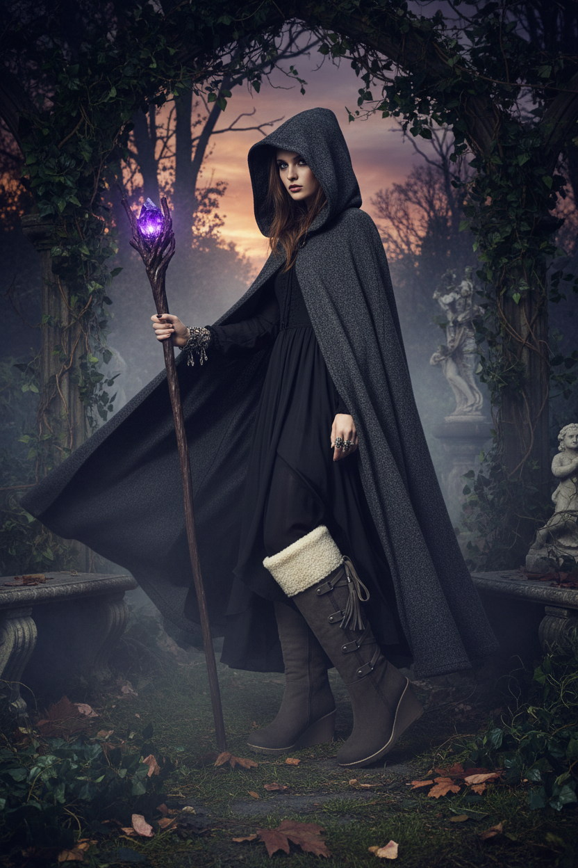 A woman in a dark hooded cloak and long black dress stands in a misty garden setting, holding a glowing purple staff. She wears tall brown boots with white lining.