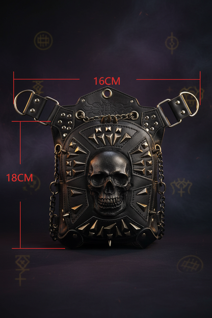 Black and white line art illustration of a skull-adorned leather harness or vest with red dimension lines and labels showing 18CM height, 21CM width, and 16CM top width on a white background.
