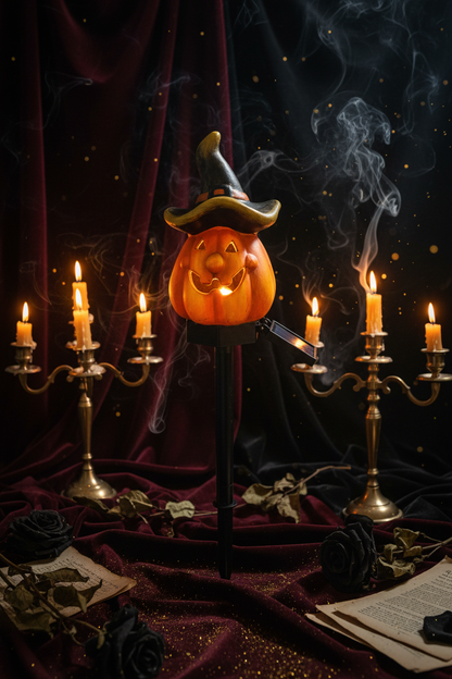Solar-powered Halloween yard stake with a carved orange jack-o'-lantern topped with a black witch hat, shown on a white background with a small inset photo of outdoor use near rocks.
