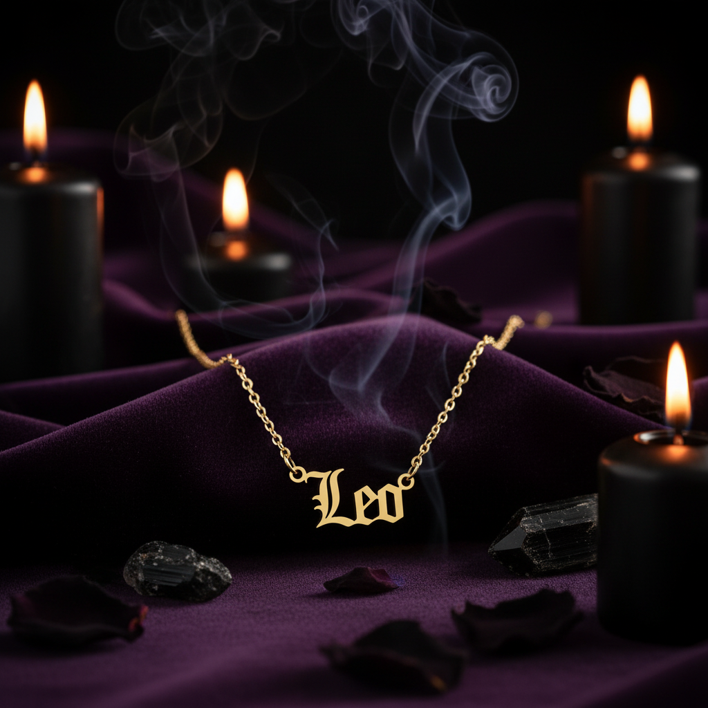 Gold 'Leo' necklace on a black background