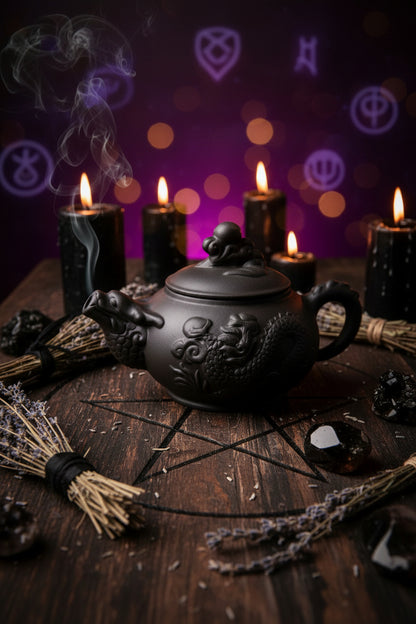 Close-up of a dark gray ceramic teapot with dragon carvings and a sculpted dragon spout, shown against a plain white background.