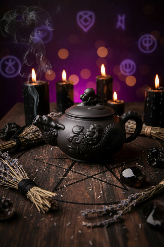 Close-up of a dark gray ceramic teapot with dragon carvings and a sculpted dragon spout, shown against a plain white background.