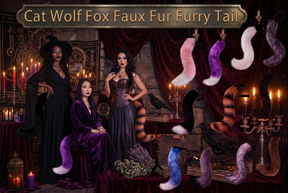 A collage showing a woman modeling a black faux-fur animal costume tail and matching headpiece, alongside multiple color options of furry tails on a light beige background. Text at the top reads 'Cat Wolf Fox Faux Fur Furry Tail'.