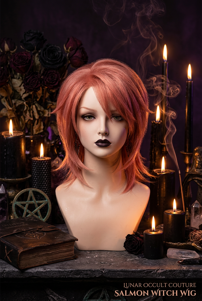 A short, layered salmon-pink wig displayed on a mannequin bust in a dark, gothic styled setting with lit candles, dried roses, a book, and smoky atmospheric effects. Text at the bottom reads 'LUNAR OCCULT COUTURE' and 'SALMON WITCH WIG'.