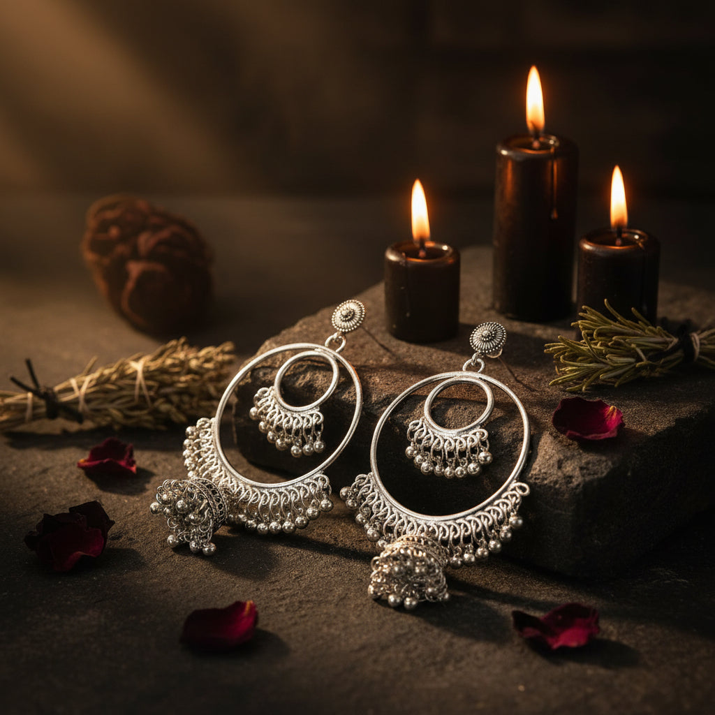 A pair of silver-toned traditional Indian jhumka earrings with circular hoops, dangling bead chains, and ornate bell-shaped charms, displayed on a white marble plate with a gold rim.