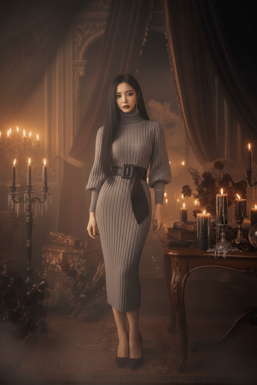 A woman wearing a ribbed gray mock-neck sweater dress with balloon sleeves, a black faux-leather belt with a square buckle, and a black bow at the waist, shown against a plain white background.