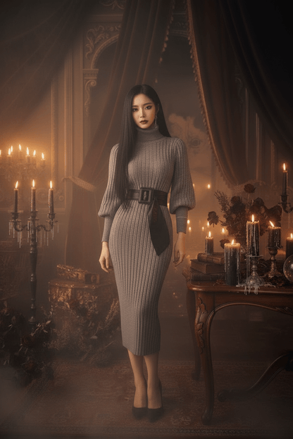 A woman wearing a ribbed gray mock-neck sweater dress with balloon sleeves, a black faux-leather belt with a square buckle, and a black bow at the waist, shown against a plain white background.