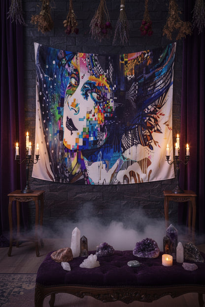 Colorful butterfly tapestry hanging on a wall above a wooden cabinet.