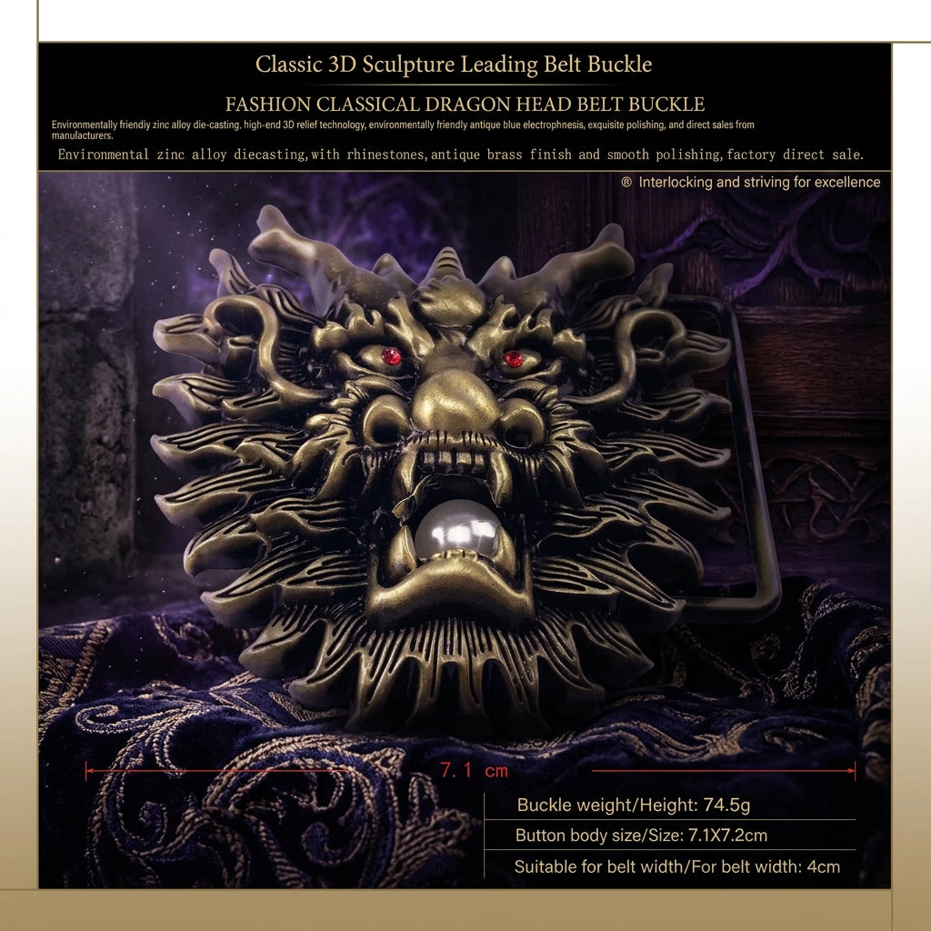 A brass-colored dragon head belt buckle with red eyes, shown on a white background with measurement annotations and product details text.