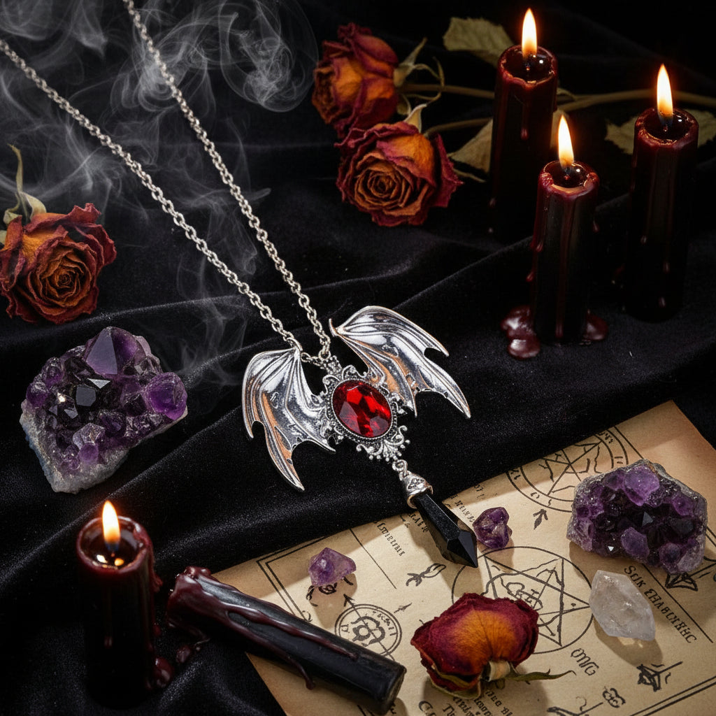 Silver dragon pendant with a red gemstone on a black leather background