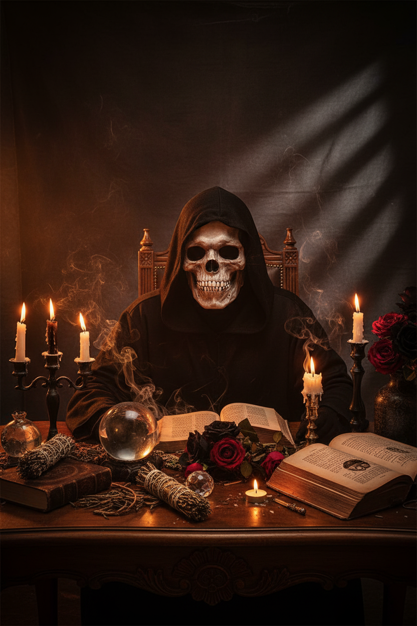A hooded figure wearing a skull mask sits at a dark table surrounded by lit candles, open books, roses, a crystal ball, and smoky ritual objects in a moody, gothic setting.