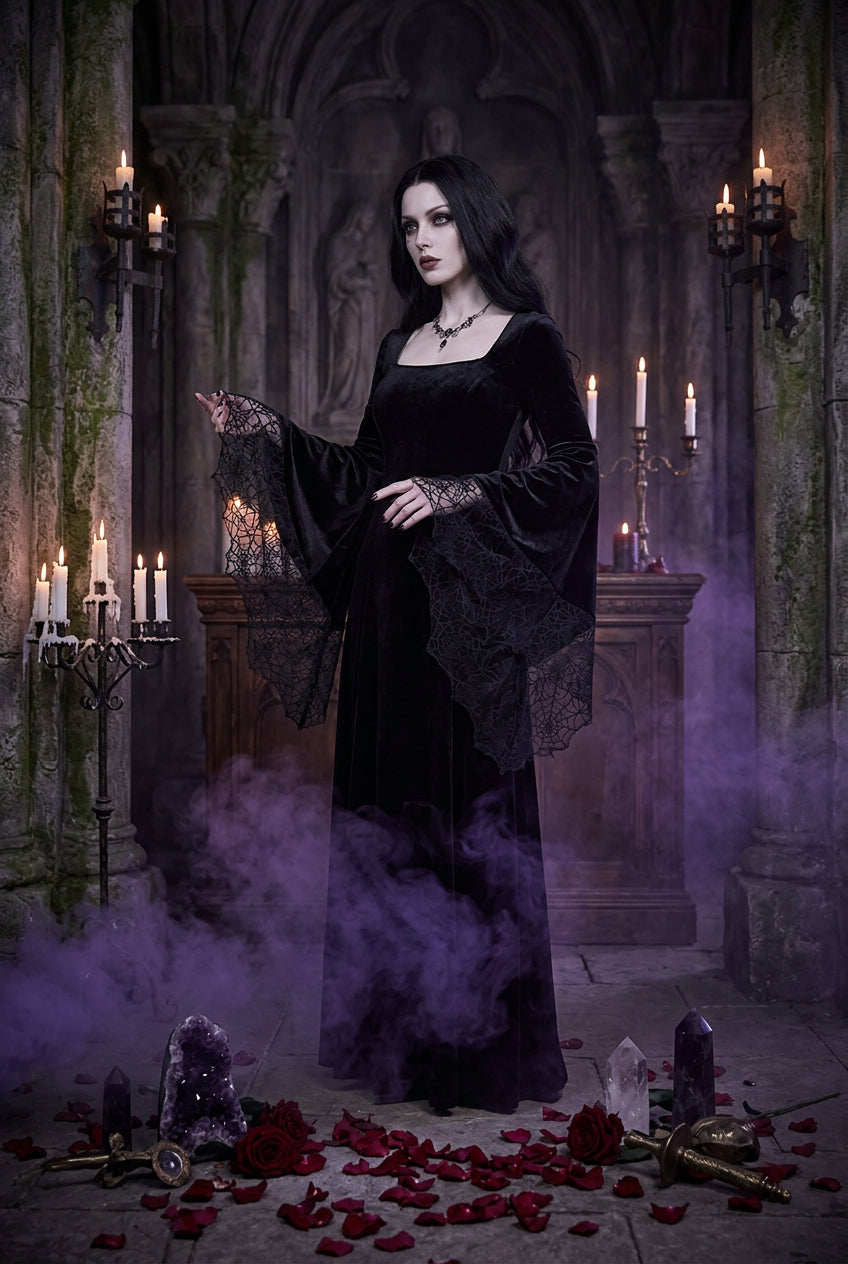 Long Sleeve Halloween Spider Web Stitch Dress Sorceress Sanctuary