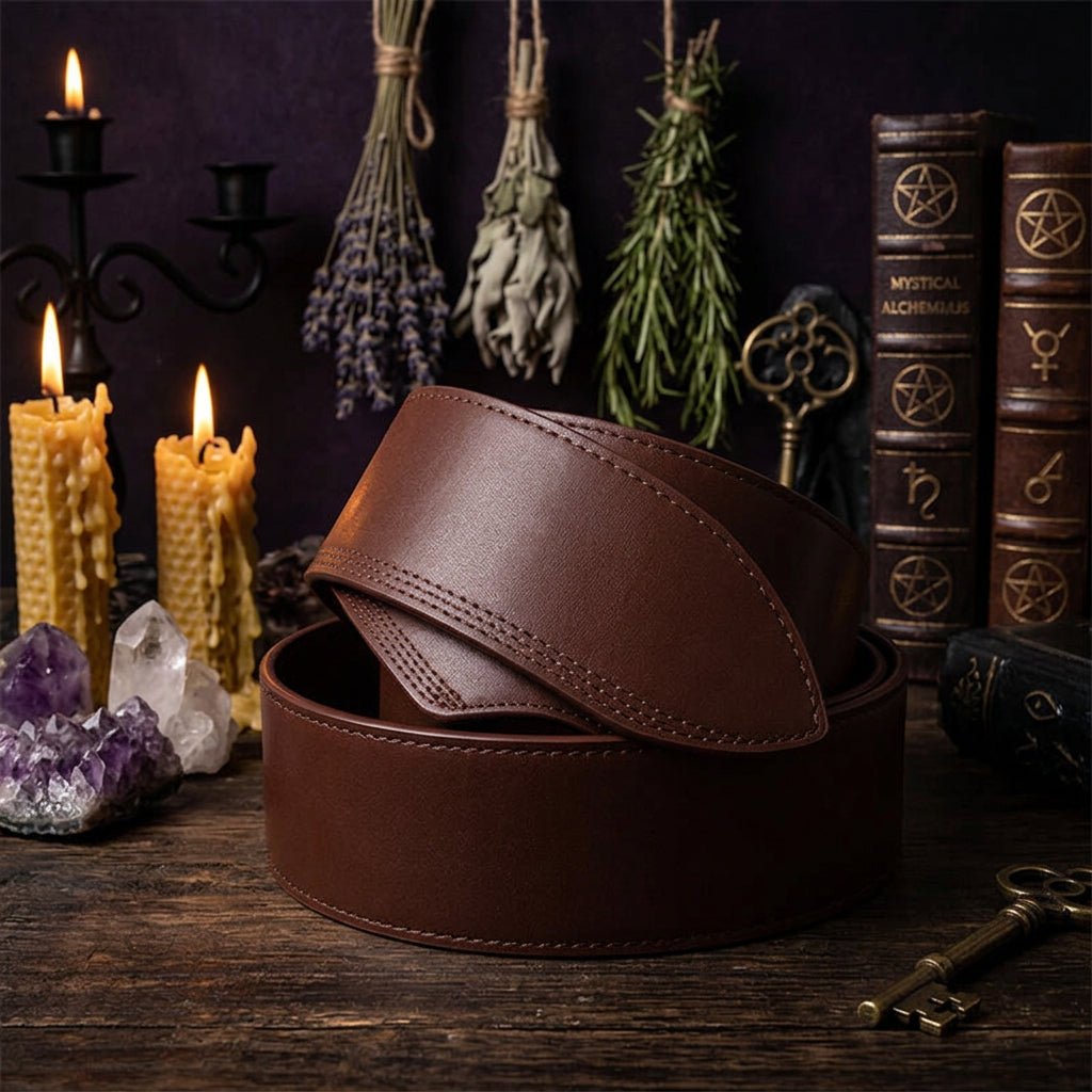A close-up of a brown leather belt with detailed stitching, coiled on a white background.