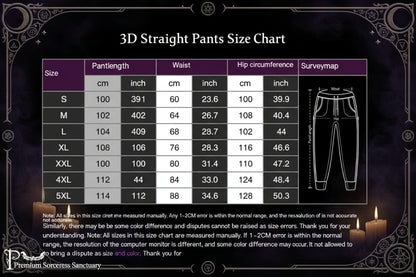 A size chart table for 3D Straight Pants showing measurements in centimeters and inches for pants sizes S through 5XL, with a side surveymap diagram and notes below.