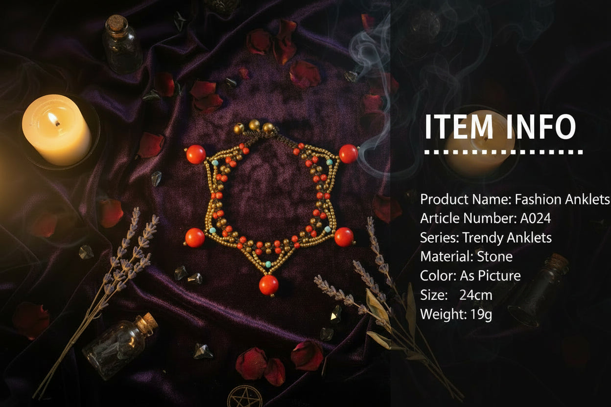 A product information card showing a beaded anklet on the left with a 24cm size circle overlay and red decorative border, alongside text listing product name 'Fashion Anklets', article number 'A024', material 'Stone', color 'As Picture', size '24cm', and weight '19g'.