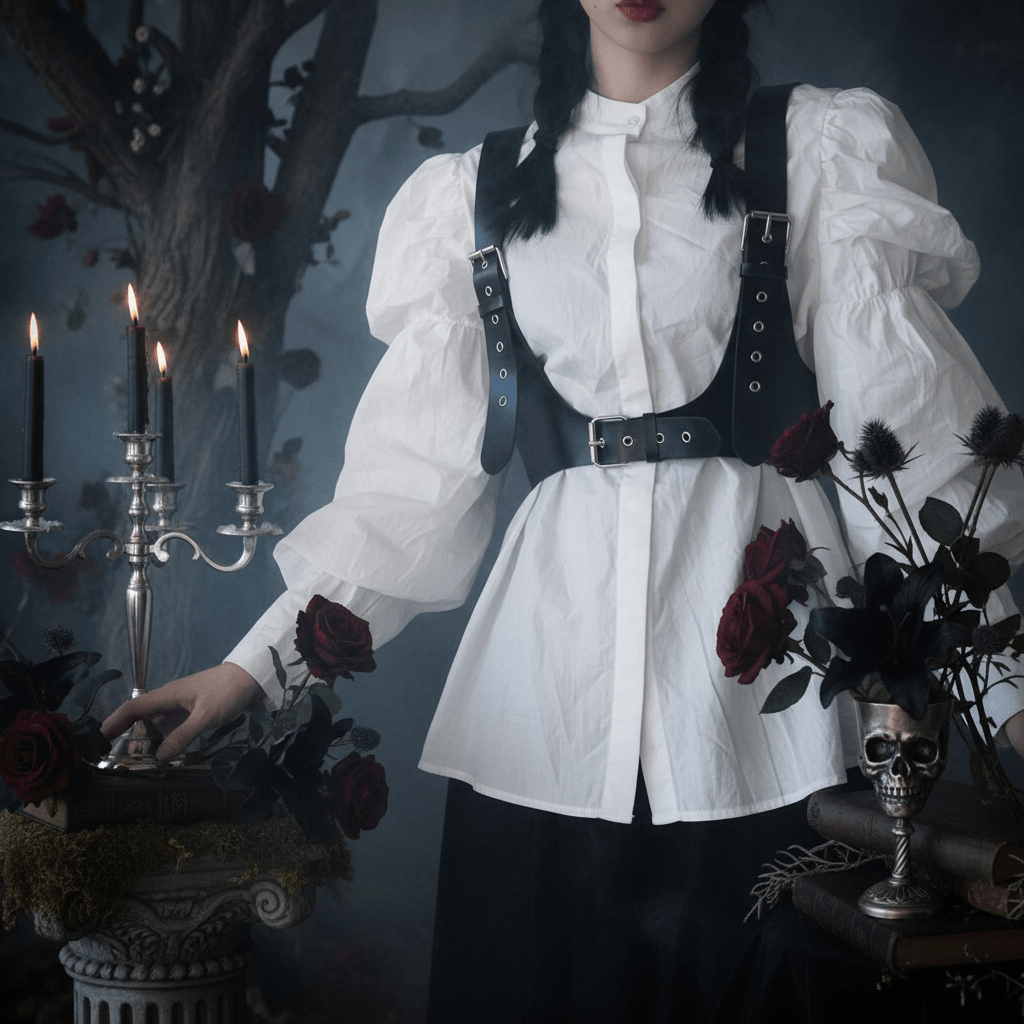 A gothic-style outfit featuring a white long-sleeve blouse with puffed sleeves, a high collar, and a black harness-style vest with silver-tone metal grommets and straps, worn by a model in a moody, dark-themed setting with candles, roses, and a skull vase.