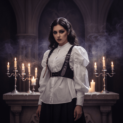 A woman stands in a dark, gothic interior with arched windows and lit candles on stone tables. She wears a white high-neck blouse with dramatic puffed sleeves, a black harness-style corset overlay, and a long black skirt.
