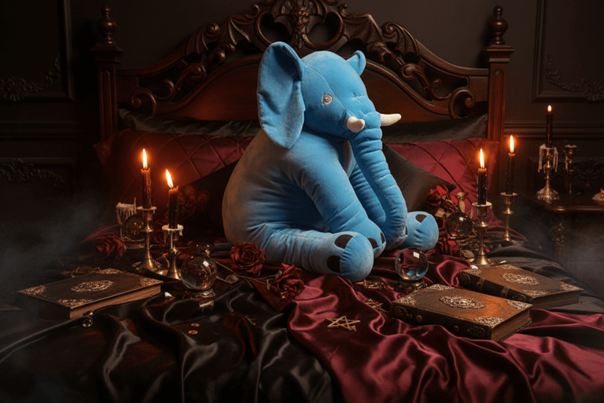 A large blue plush elephant toy sitting on a floral bedspread in a nursery-like setting with a white crib edge, framed picture, and potted flowers in the background.