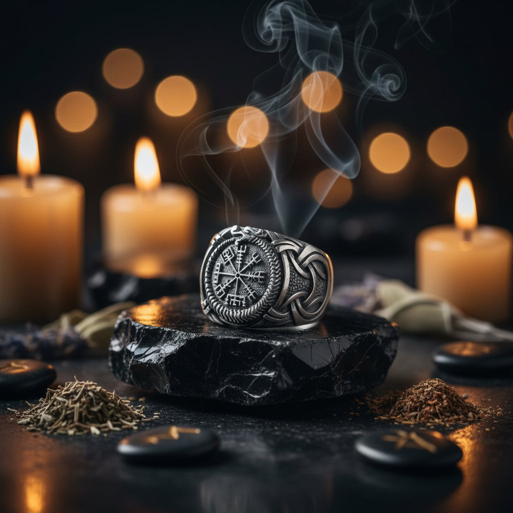 A silver-toned Viking-style ring featuring a central Vegvisir compass motif surrounded by Norse runes, with a braided knotwork band on a light gray background.